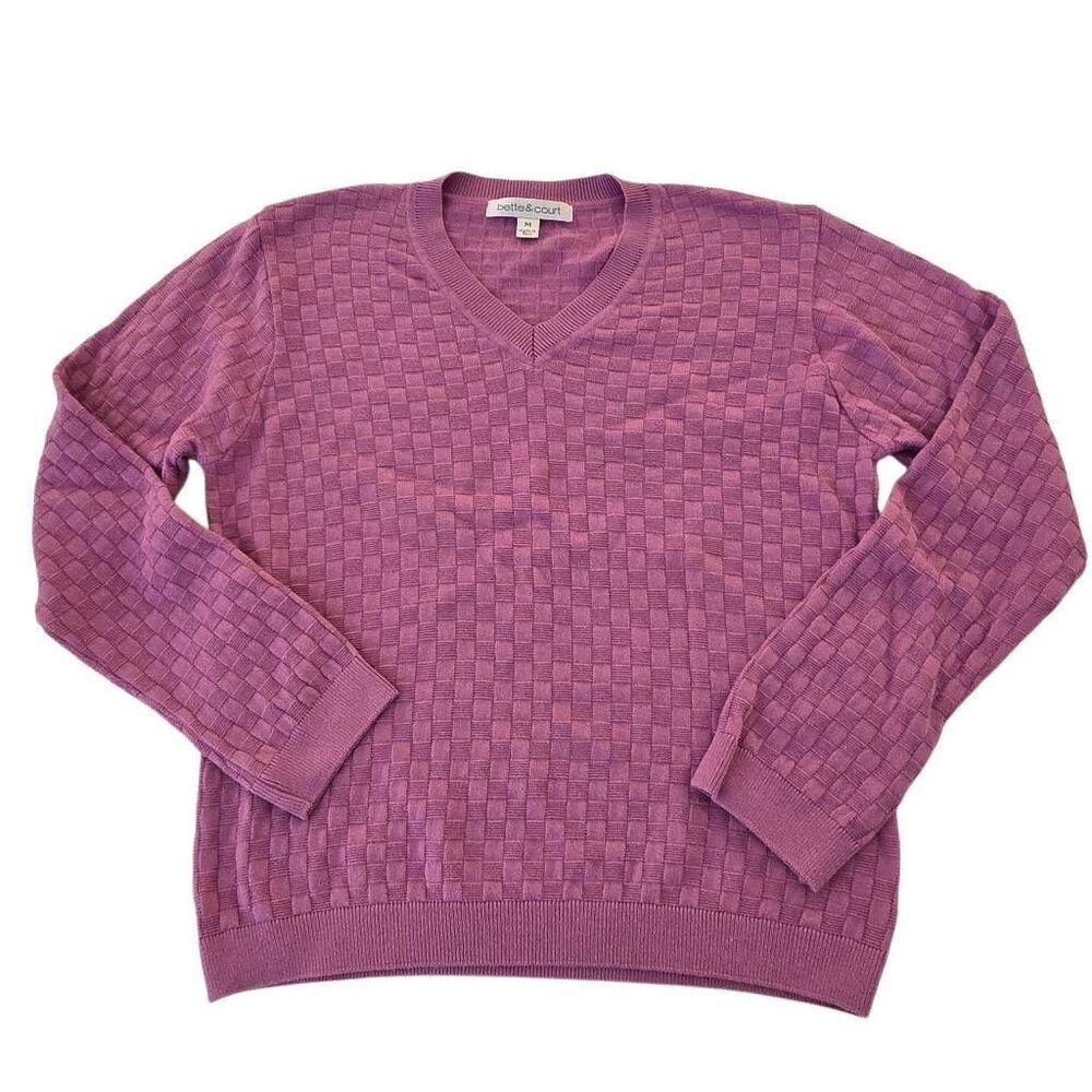 Bette & Court Womens Basket Weave Knit V Neck Pullover Mauve Cotton Sweater Medi